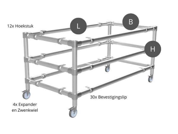 Werktafel onderstel met 2 onder-etages uit gegalvaniseerde buis Ø 42,4 mm zwenkwielen